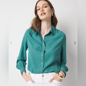 WHBM Teal Gold Pinstripes Button-Up Blouse Size S